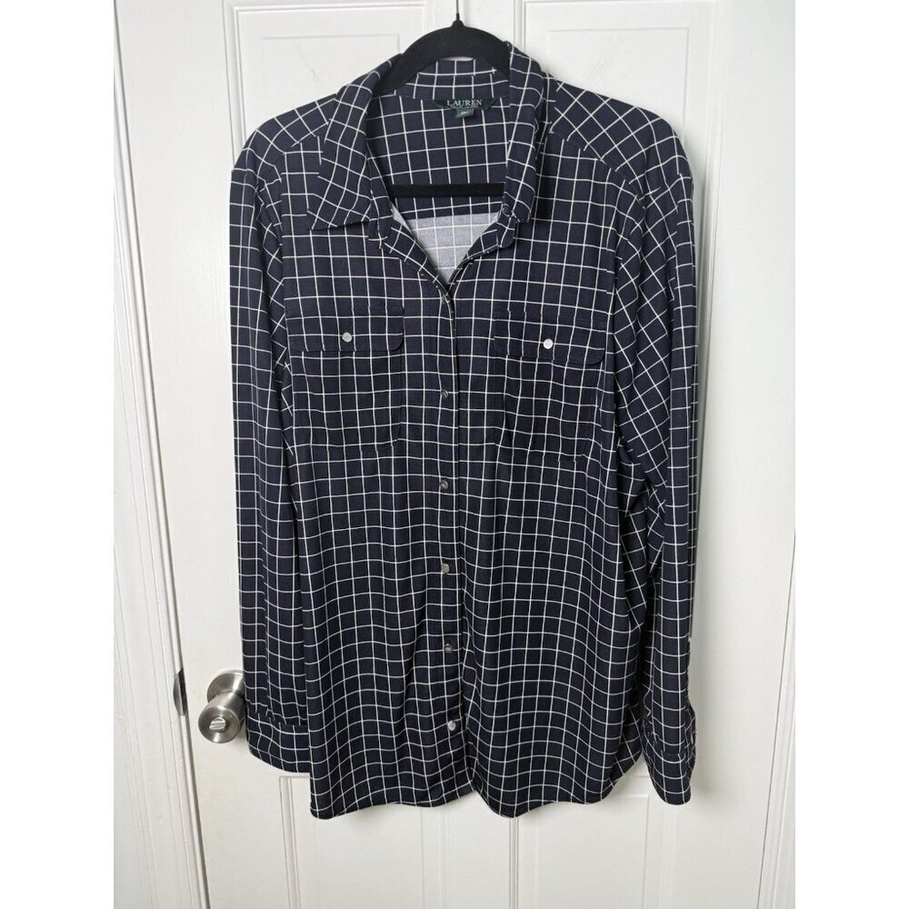 Lauren Ralph Lauren Women’s Navy Blue White Check Pattern Button Down Shirt